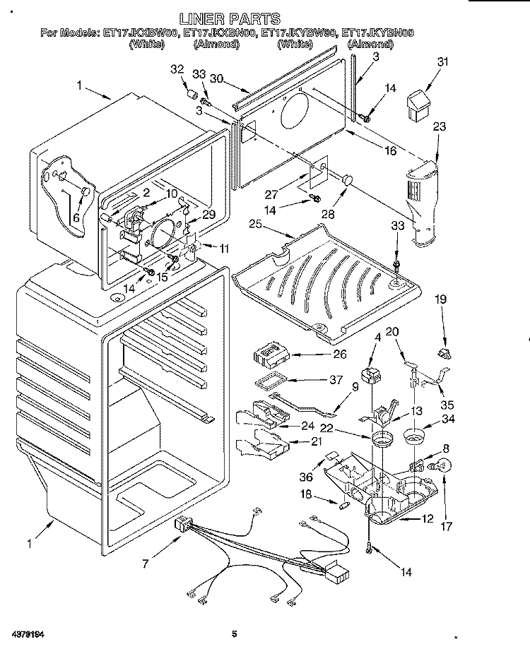 LINER Diagram and Parts List for ET17JKYBN00  Whirlpool Refrigerator