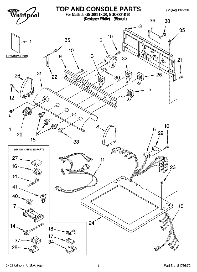 TOP AND CONSOLE, LITERATURE Diagram and Parts List for GGQ8821KQ0  Whirlpool Dryer