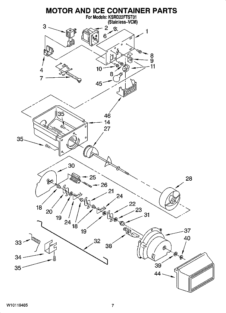 MOTOR AND ICE CONTAINER PARTS Diagram and Parts List for KSRD22FTST01  KitchenAid Refrigerator