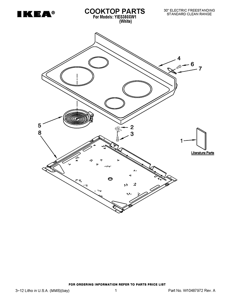 COOKTOP PARTS Diagram and Parts List for YIES350XW1  Whirlpool Range