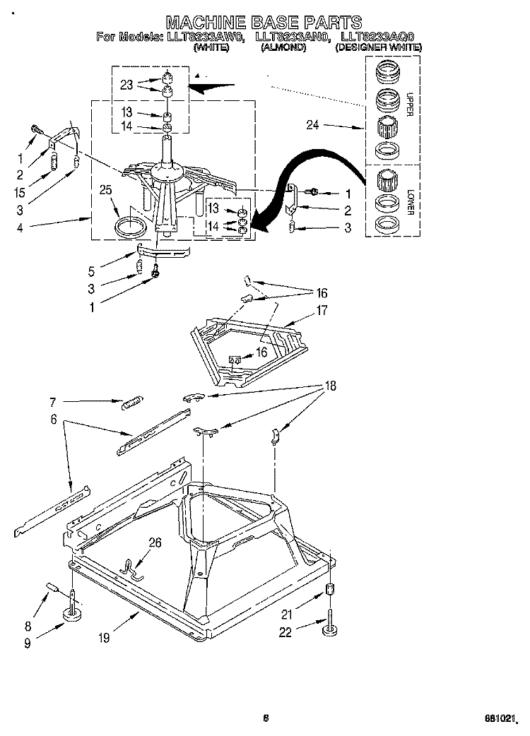 MACHINE BASE Diagram and Parts List for LLT8233AN0  Whirlpool Washer