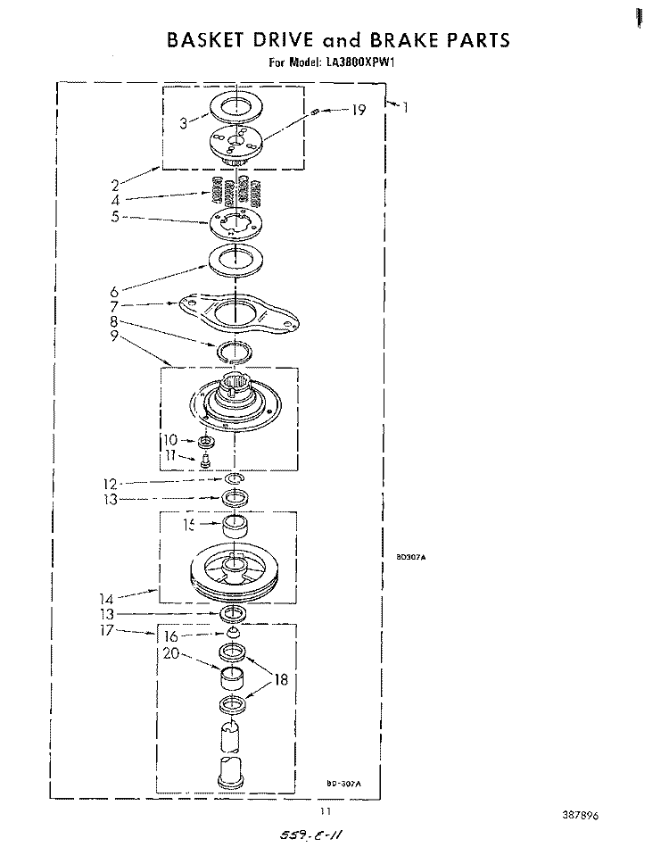 BASKET DRIVE AND BRAKE Diagram and Parts List for LA3800XPW1  Whirlpool Washer