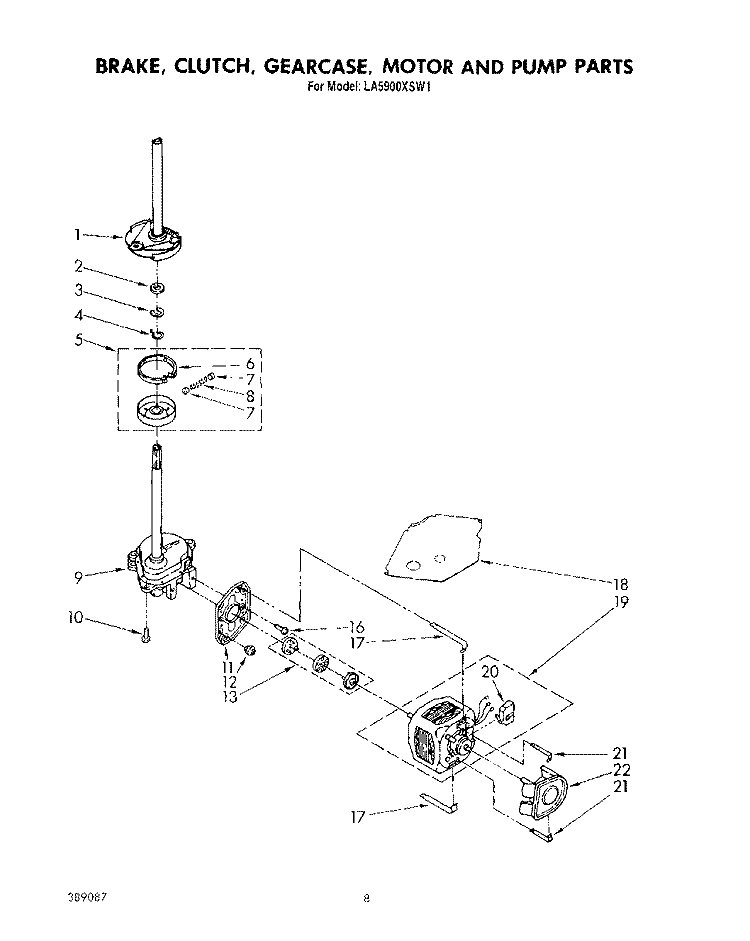BRAKE, CLUTCH, GEARCASE, MOTOR AND PUMP Diagram and Parts List for LA5900XSW1  Whirlpool Washer
