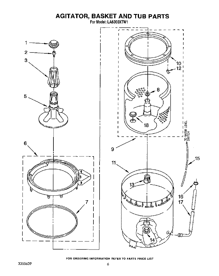 AGITATOR, BASKET AND TUB Diagram and Parts List for LA6300XTF1  Whirlpool Washer