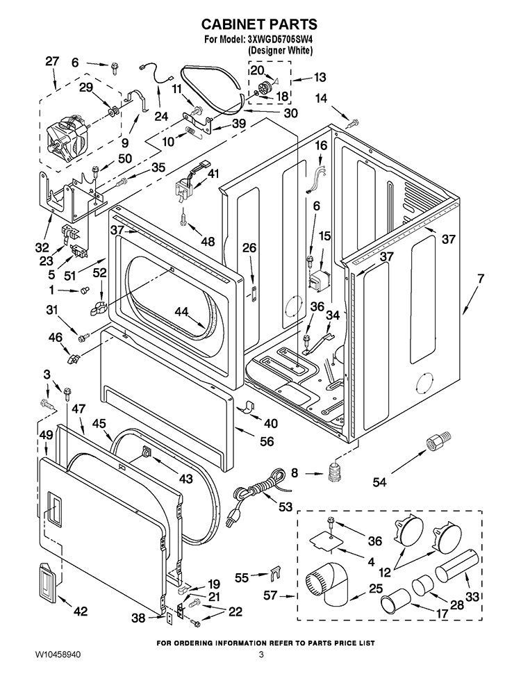 CABINET PARTS Diagram and Parts List for 3XWGD5705SW4  Whirlpool Dryer