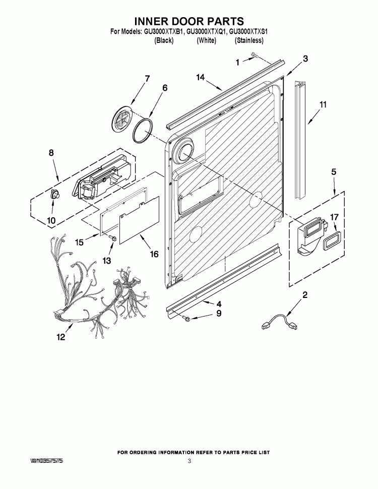 INNER DOOR PARTS Diagram and Parts List for GU3000XTXS1  Whirlpool Dishwasher