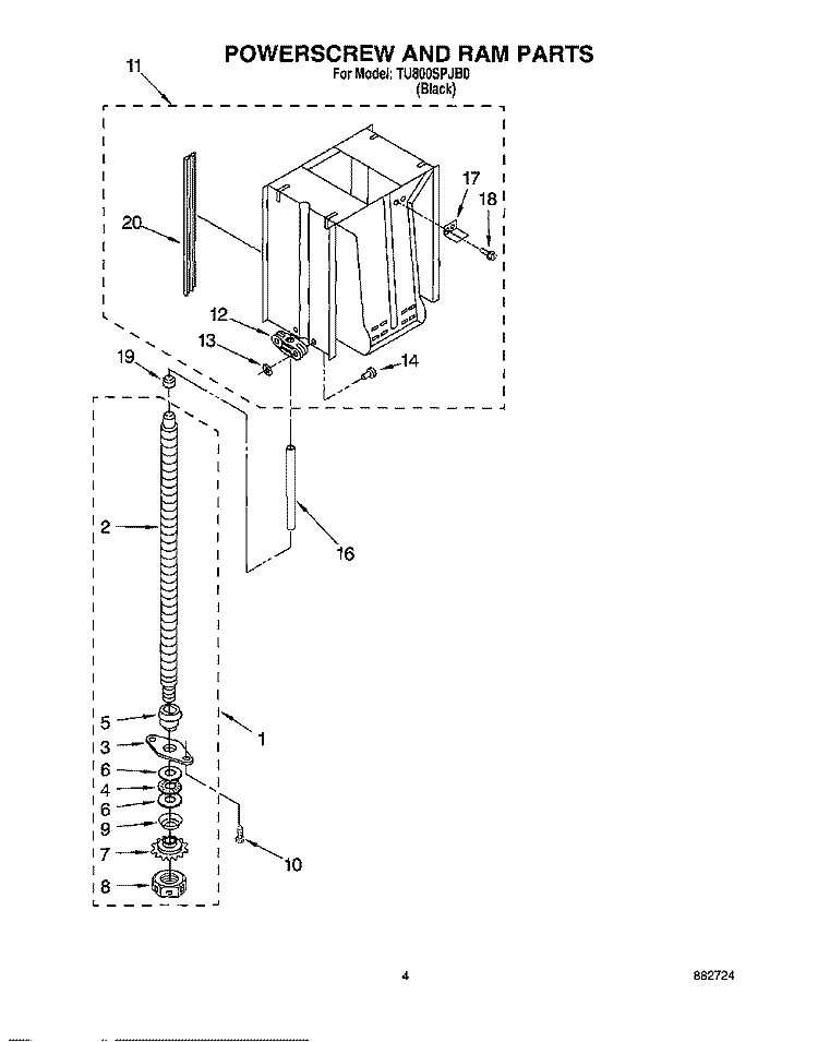 POWERSCREW AND RAM Diagram and Parts List for TU800SPJB0  Whirlpool Trash Compactor