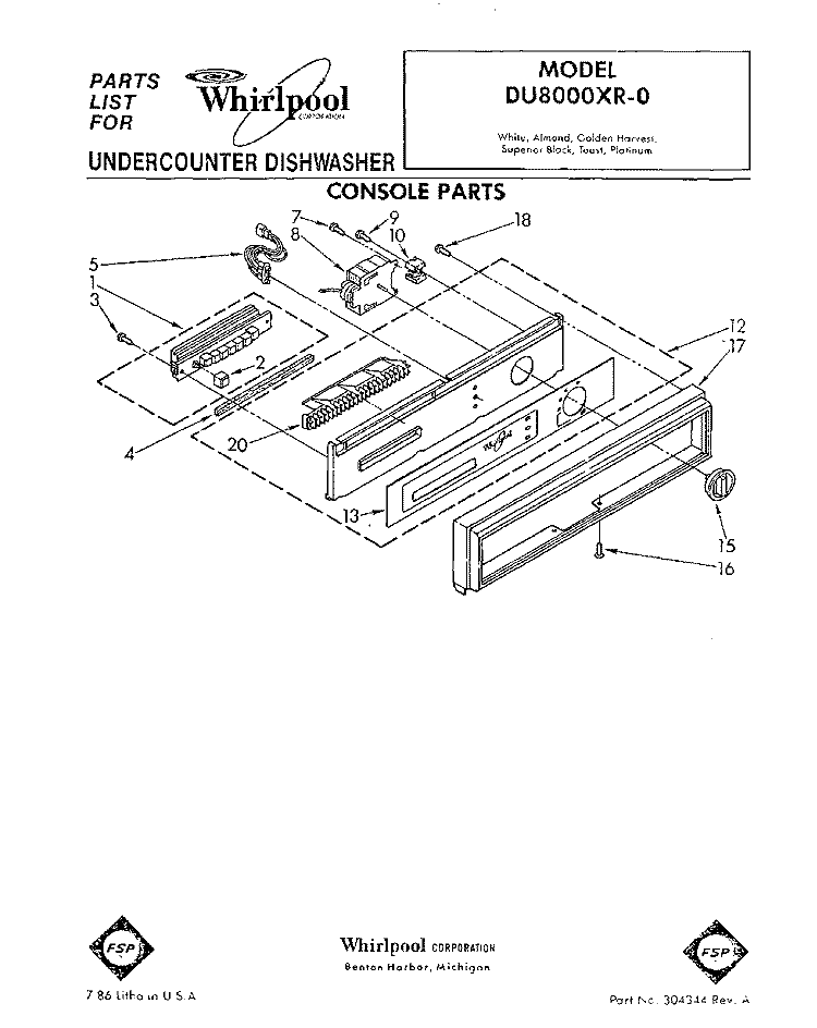 CONSOLE Diagram and Parts List for DU8000XR0  Whirlpool Dishwasher