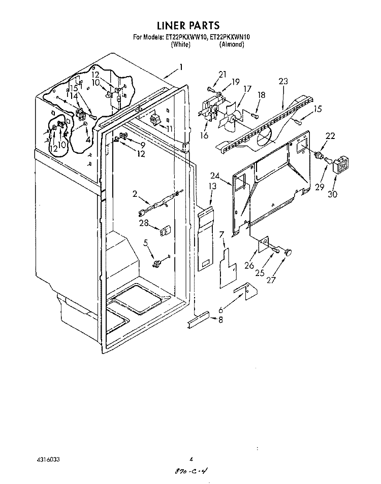 LINER Diagram and Parts List for ET22PKXWW10  Whirlpool Refrigerator