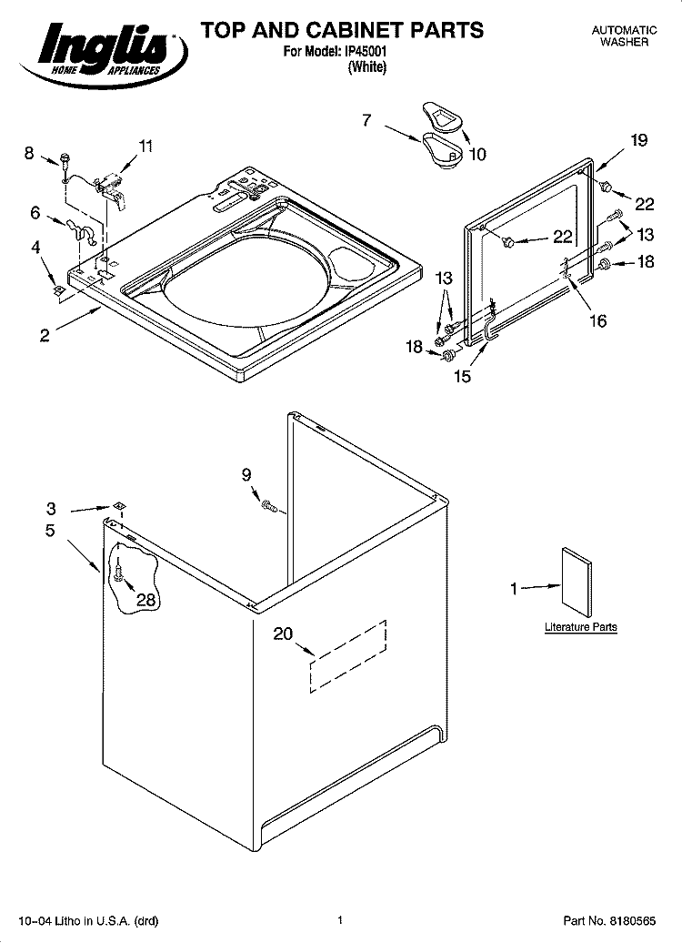 TOP AND CABINET PARTS Diagram and Parts List for IP45001  Inglis Washer