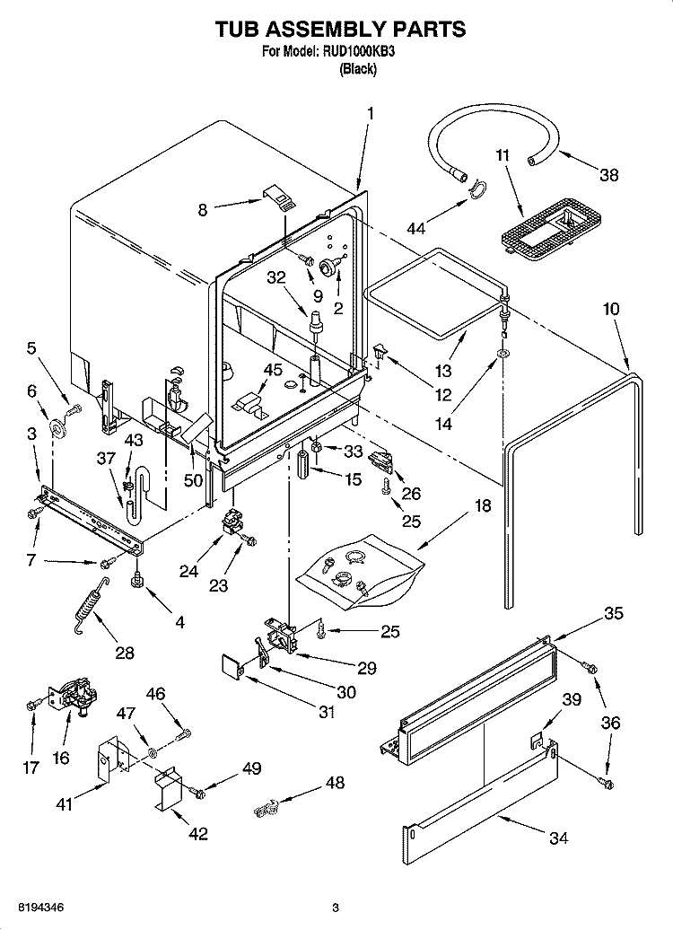TUB ASSEMBLY PARTS Diagram and Parts List for RUD1000KB3  Roper Dishwasher