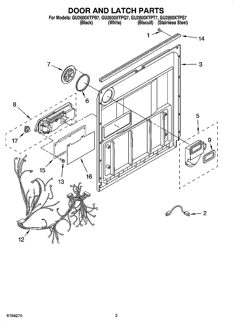 DOOR AND LATCH PARTS Diagram and Parts List for GU2600XTPB7  Whirlpool Dishwasher