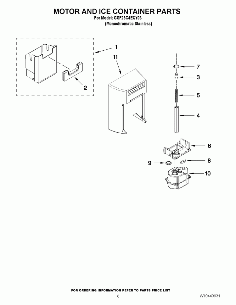 MOTOR AND ICE CONTAINER PARTS Diagram and Parts List for GSF26C4EXY03  Whirlpool Refrigerator