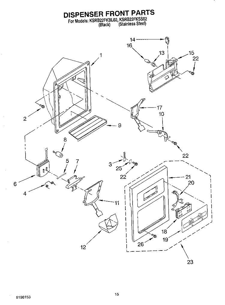 DISPENSER FRONT Diagram and Parts List for KSRB22FKBL02  KitchenAid Refrigerator