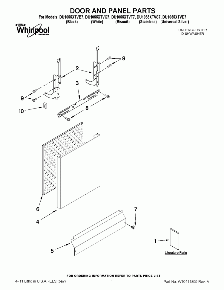 DOOR AND PANEL PARTS Diagram and Parts List for DU1055XTVB7  Whirlpool Dishwasher