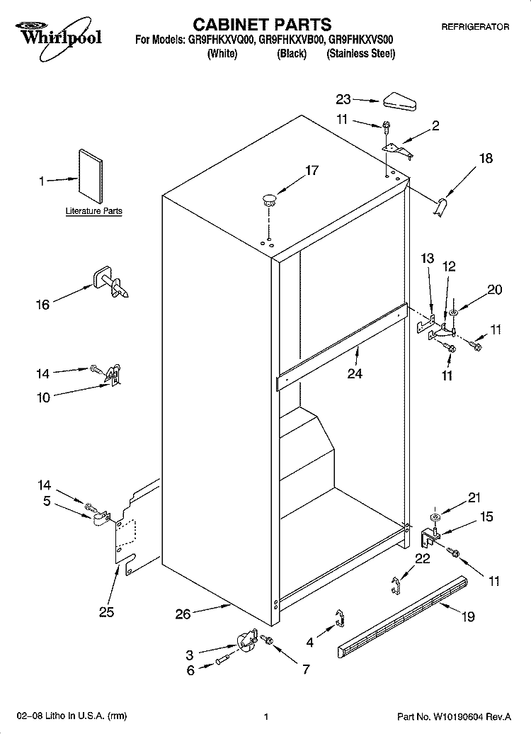 CABINET PARTS Diagram and Parts List for GR9FHKXVB00  Whirlpool Refrigerator