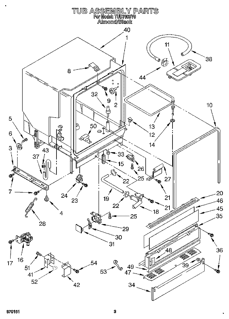 TUB ASSEMBLY Diagram and Parts List for TUD7000Y0  Whirlpool Dishwasher