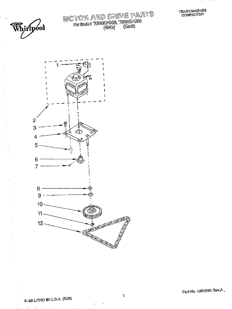 MOTOR AND DRIVE, LITERATURE Diagram and Parts List for TU900QPDB0  Whirlpool Trash Compactor