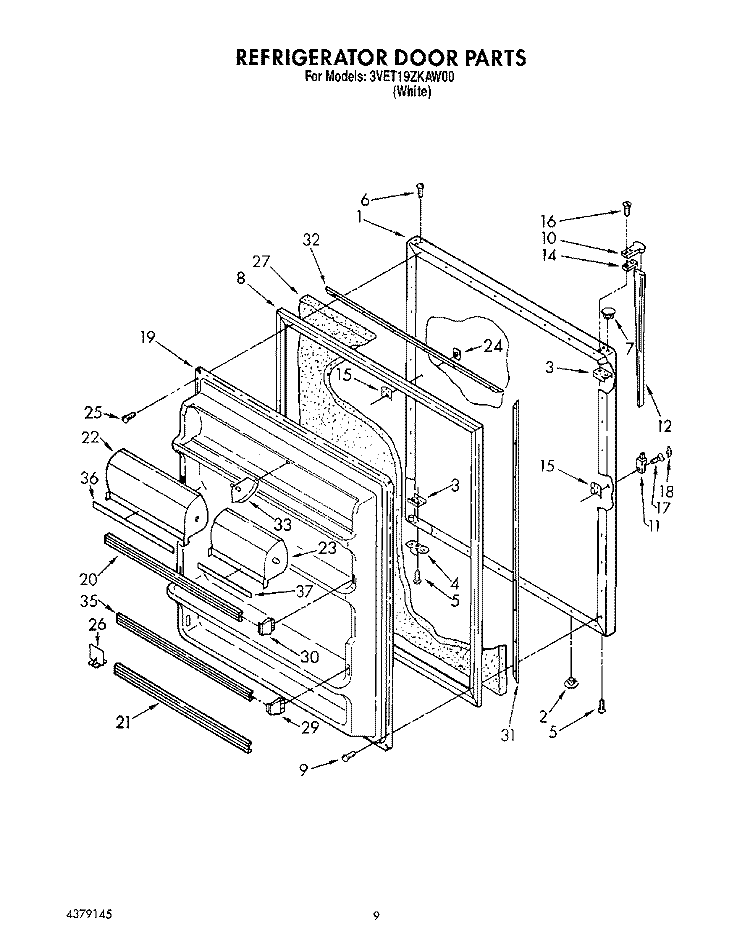 REFRIGERATOR DOOR, LIT/OPTIONAL Diagram and Parts List for 3VET19ZKAW00  Whirlpool Refrigerator