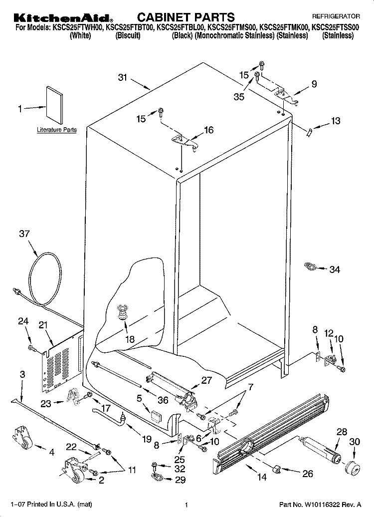 CABINET PARTS Diagram and Parts List for KSCS25FTSS00  KitchenAid Refrigerator