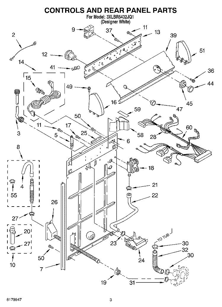 CONTROLS AND REAR PANEL PARTS Diagram and Parts List for 3XLBR5432JQ1  Whirlpool Washer
