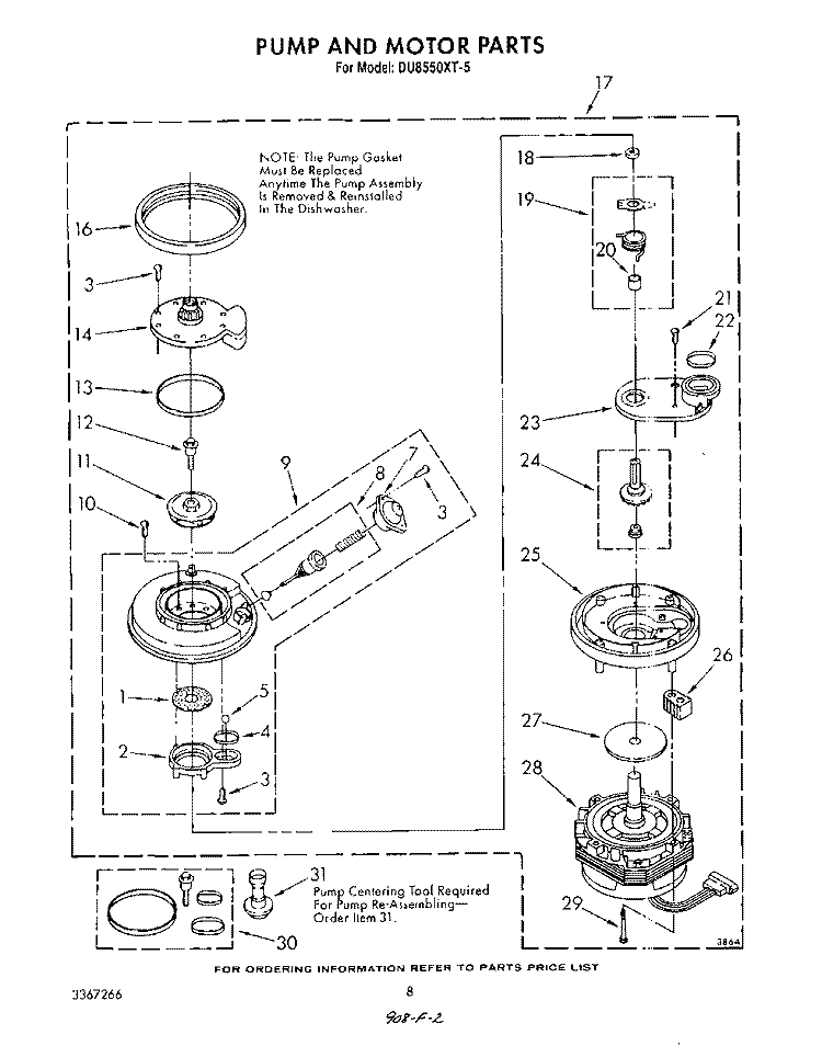 PUMP AND MOTOR Diagram and Parts List for DU8550XT5  Whirlpool Dishwasher