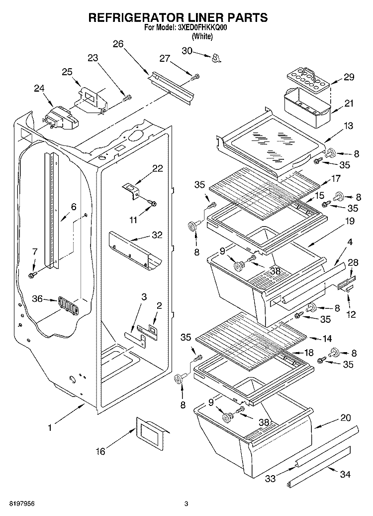REFRIGERATOR LINER Diagram and Parts List for 3XED0FHKKQ00  Whirlpool Refrigerator