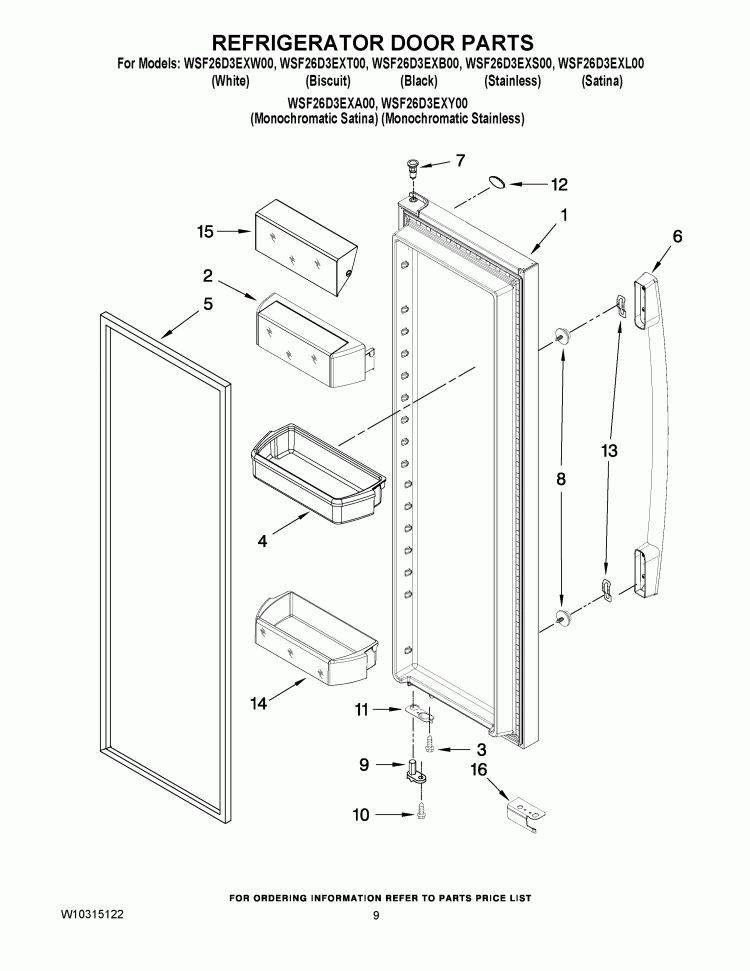 REFRIGERATOR DOOR PARTS Diagram and Parts List for WSF26D3EXS00  Whirlpool Refrigerator