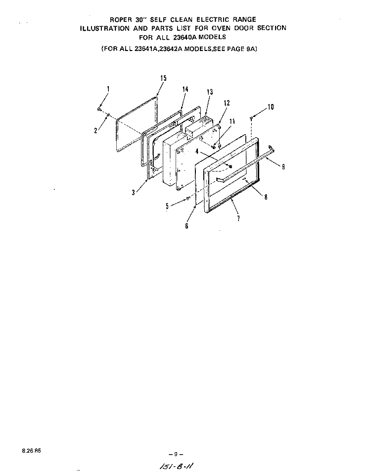 OVEN DOOR Diagram and Parts List for 2364W0A  Roper Range