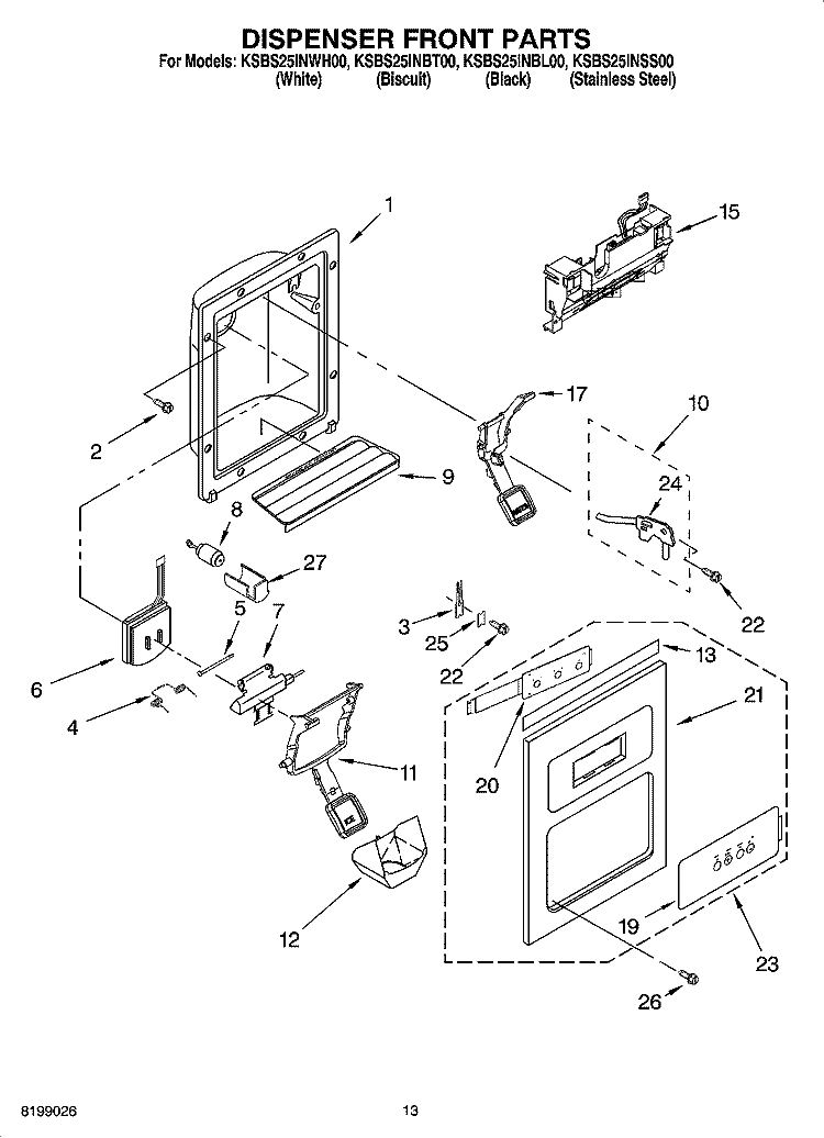 DISPENSER FRONT PARTS Diagram and Parts List for KSBS25INBL00  KitchenAid Refrigerator