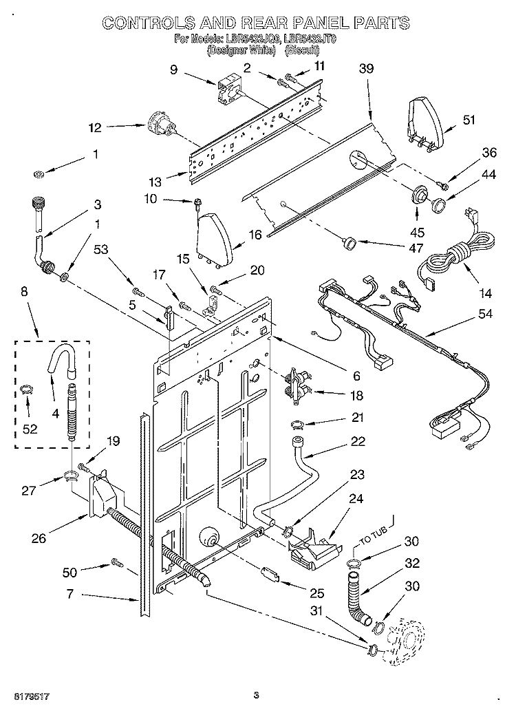 CONTROLS AND REAR PANEL Diagram and Parts List for LBR5432JT0  Whirlpool Washer
