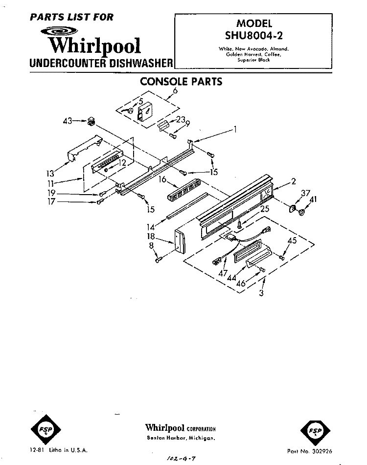 CONSOLE Diagram and Parts List for SHU80042  Whirlpool Dishwasher