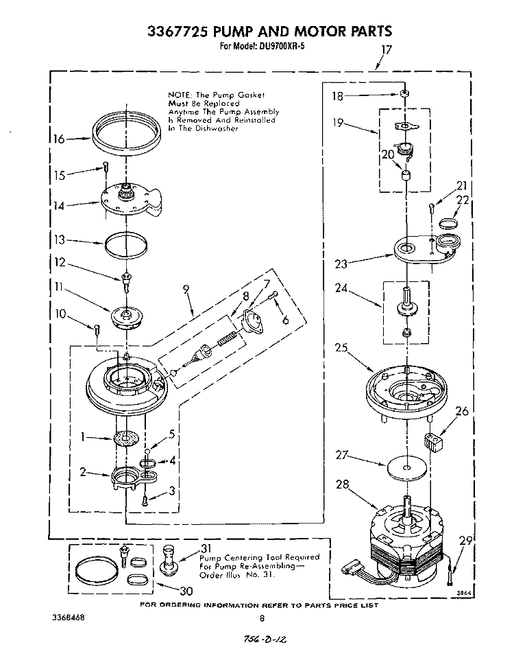 3367725 PUMP AND MOTOR Diagram and Parts List for DU9700XR5  Whirlpool Dishwasher