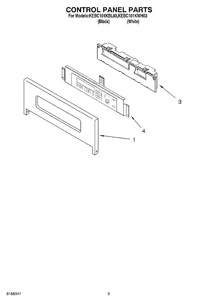 CONTROL PANEL PARTS Diagram and Parts List for KEBC101KWH03  KitchenAid Wall Oven