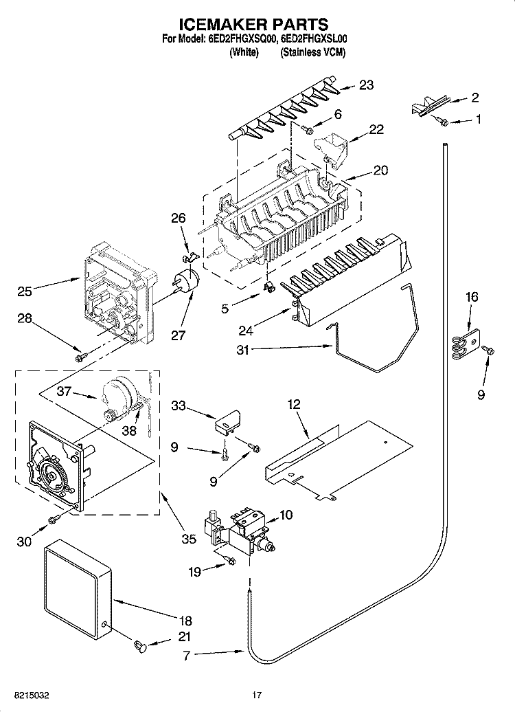 ICEMAKER PARTS Diagram and Parts List for 6ED2FHGXSL00  Whirlpool Refrigerator