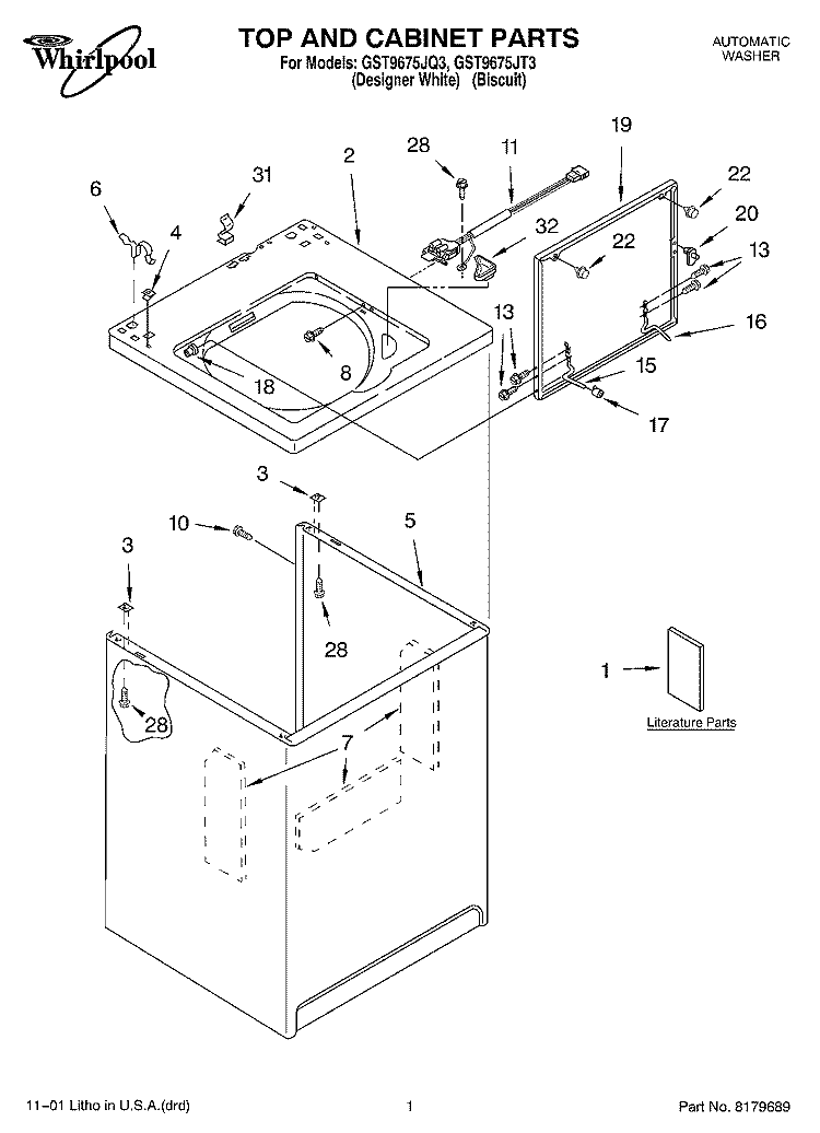 TOP AND CABINET, LITERATURE Diagram and Parts List for GST9675JQ3  Whirlpool Washer