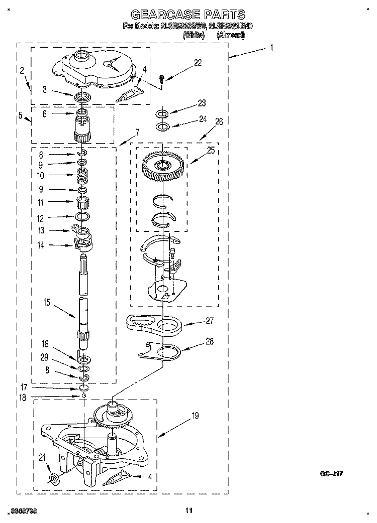 GEARCASE Diagram and Parts List for 2LSR5233BW0  Whirlpool Washer