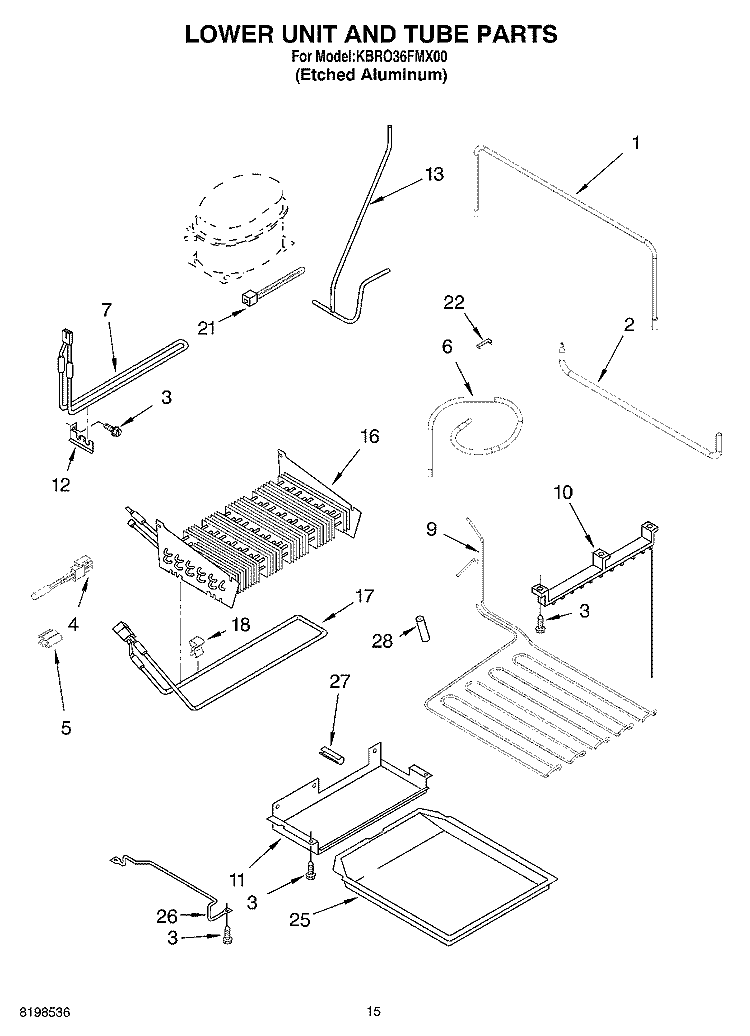 LOWER UNIT AND TUBE PARTS Diagram and Parts List for KBRO36FMX00  KitchenAid Refrigerator