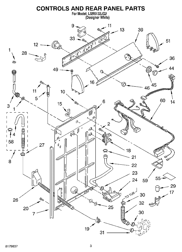 CONTROLS AND REAR PANEL Diagram and Parts List for LSR5132JQ2  Whirlpool Washer