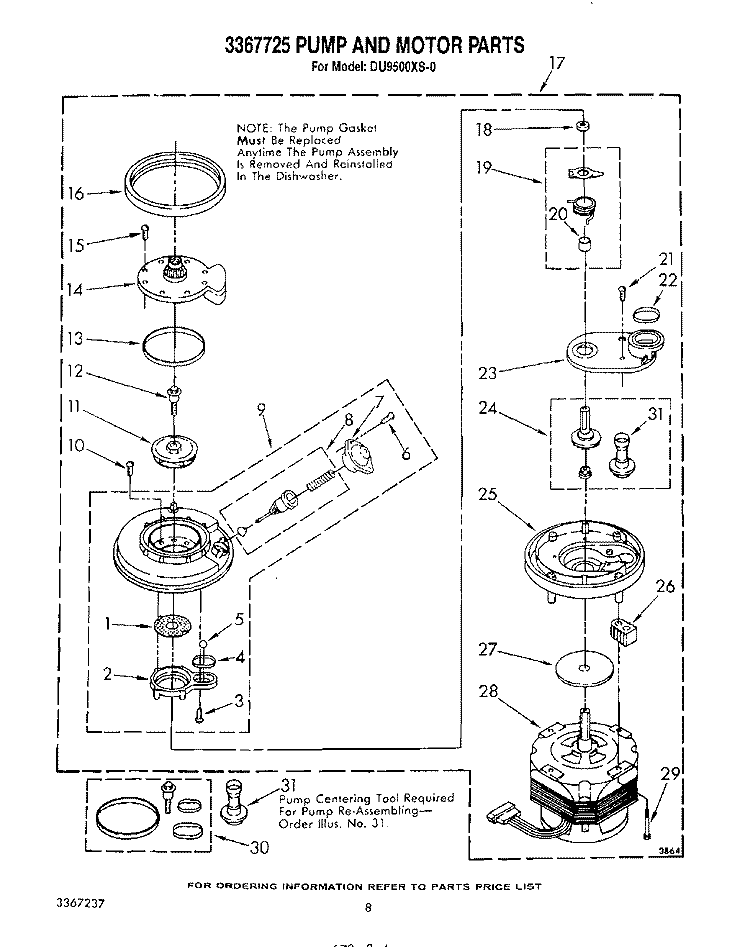 3367725 PUMP AND MOTOR Diagram and Parts List for DU9500XS0  Whirlpool Dishwasher