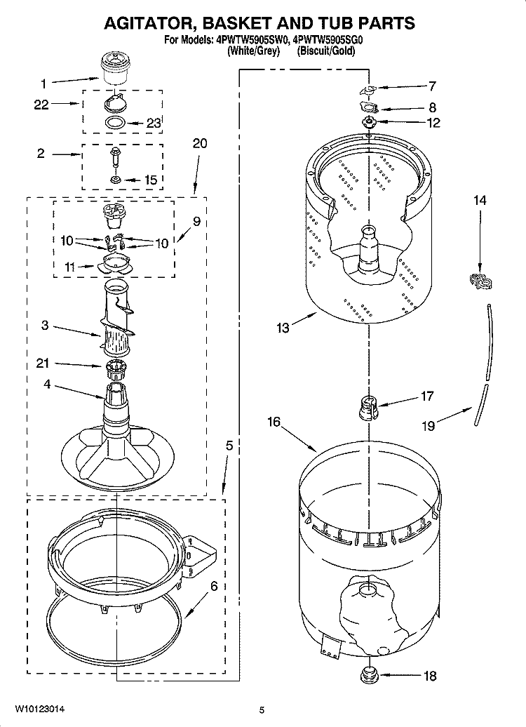 AGITATOR, BASKET AND TUB PARTS Diagram and Parts List for 4PWTW5905SG0  Whirlpool Washer