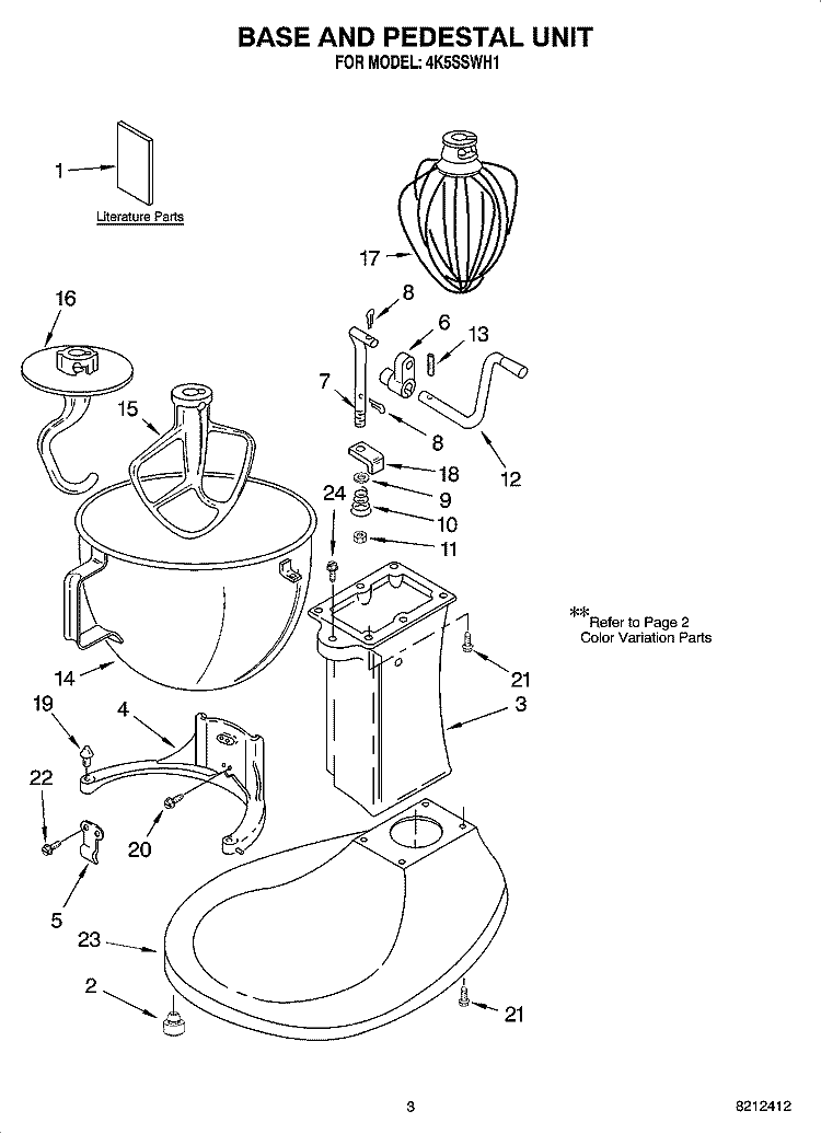 BASE AND PEDESTAL UNIT Diagram and Parts List for 4K5SSWH1  KitchenAid Mixer