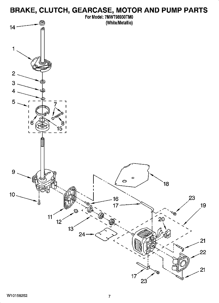 BRAKE, CLUTCH, GEARCASE, MOTOR AND PUMP PARTS Diagram and Parts List for 7MWT98930TM0  Whirlpool Washer