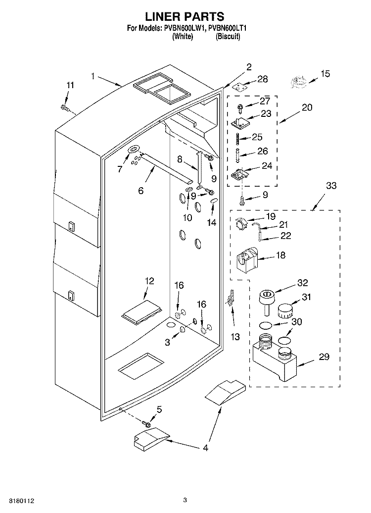 LINER PARTS Diagram and Parts List for PVBN600LW1  Whirlpool Cabinet