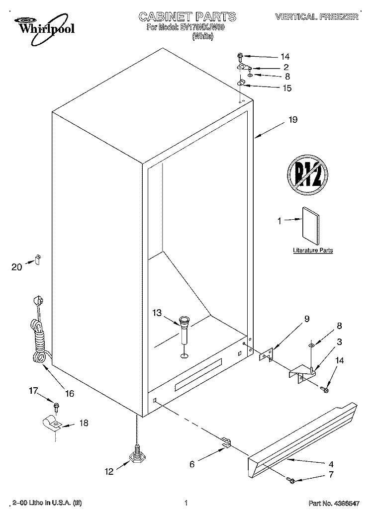 CABINET, LIT/OPTIONAL Diagram and Parts List for EV170NXJW00  Whirlpool Freezer