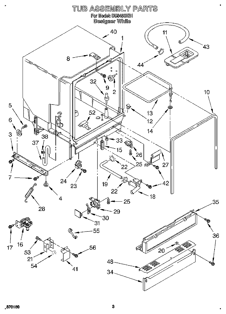 TUB ASSEMBLY Diagram and Parts List for DU8450XB1  Whirlpool Dishwasher