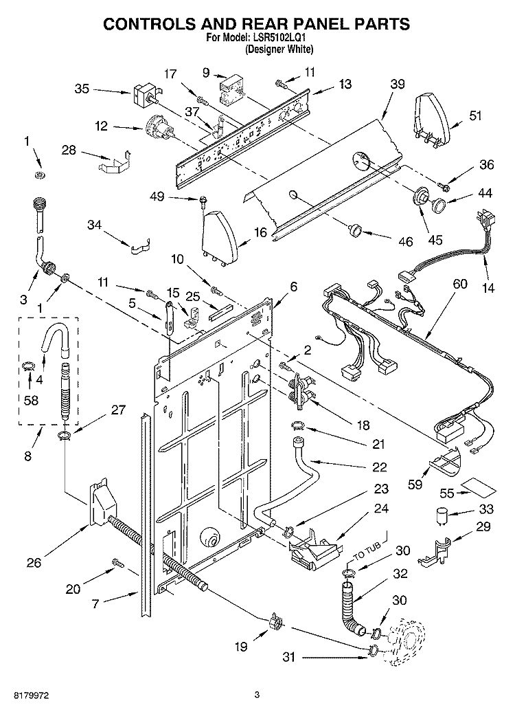 CONTROLS AND REAR PANEL PARTS Diagram and Parts List for LSR5102LQ1  Whirlpool Washer