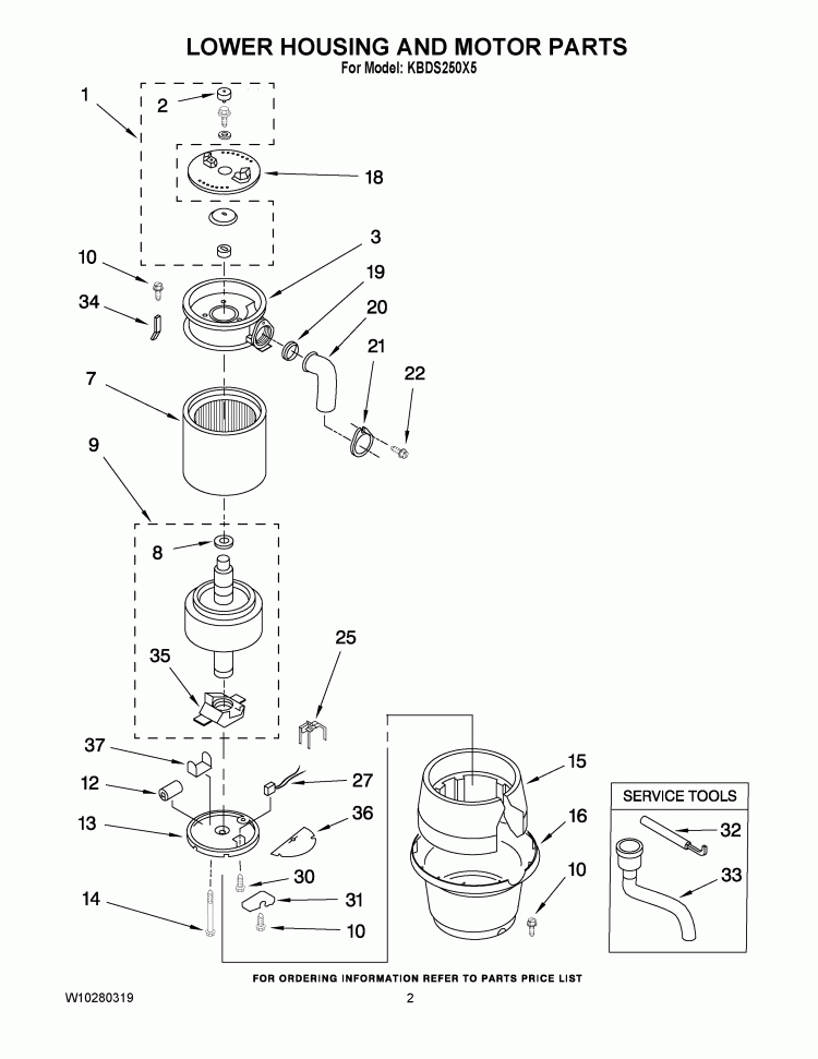 LOWER HOUSING AND MOTOR PARTS Diagram and Parts List for KBDS250X5  KitchenAid Food Waste Disposer