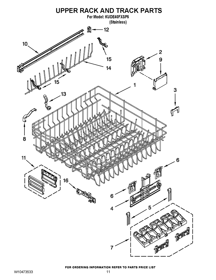 UPPER RACK AND TRACK PARTS Diagram and Parts List for KUDE40FXSP5  KitchenAid Dishwasher