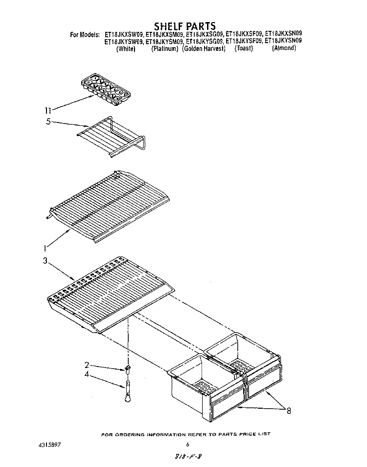SHELF Diagram and Parts List for ET18JKYSF09  Whirlpool Refrigerator